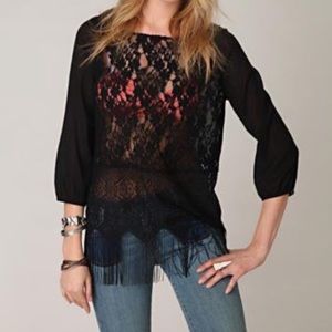 Free People Black Boho Sheer Lace Fringe Top
